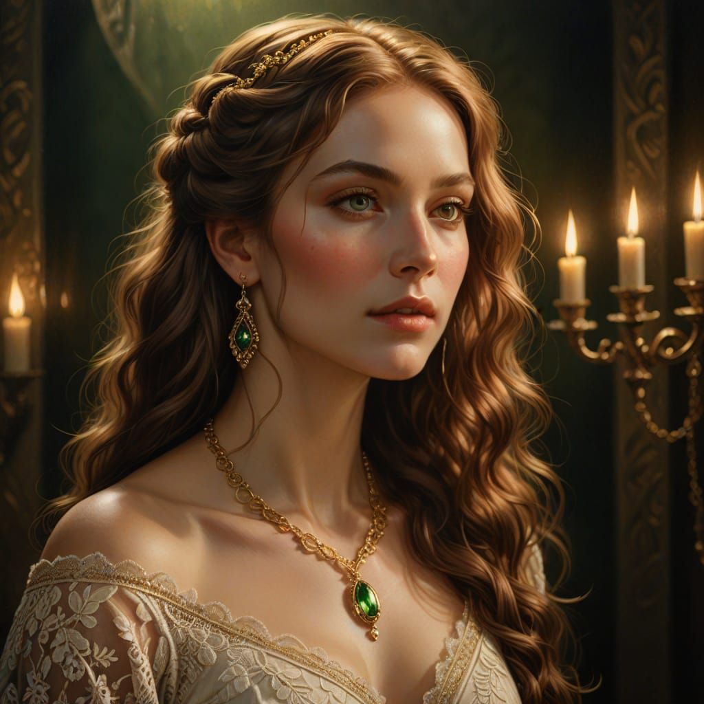 Ethereal Renaissance Beauty in Cream-Colored Lace Gown