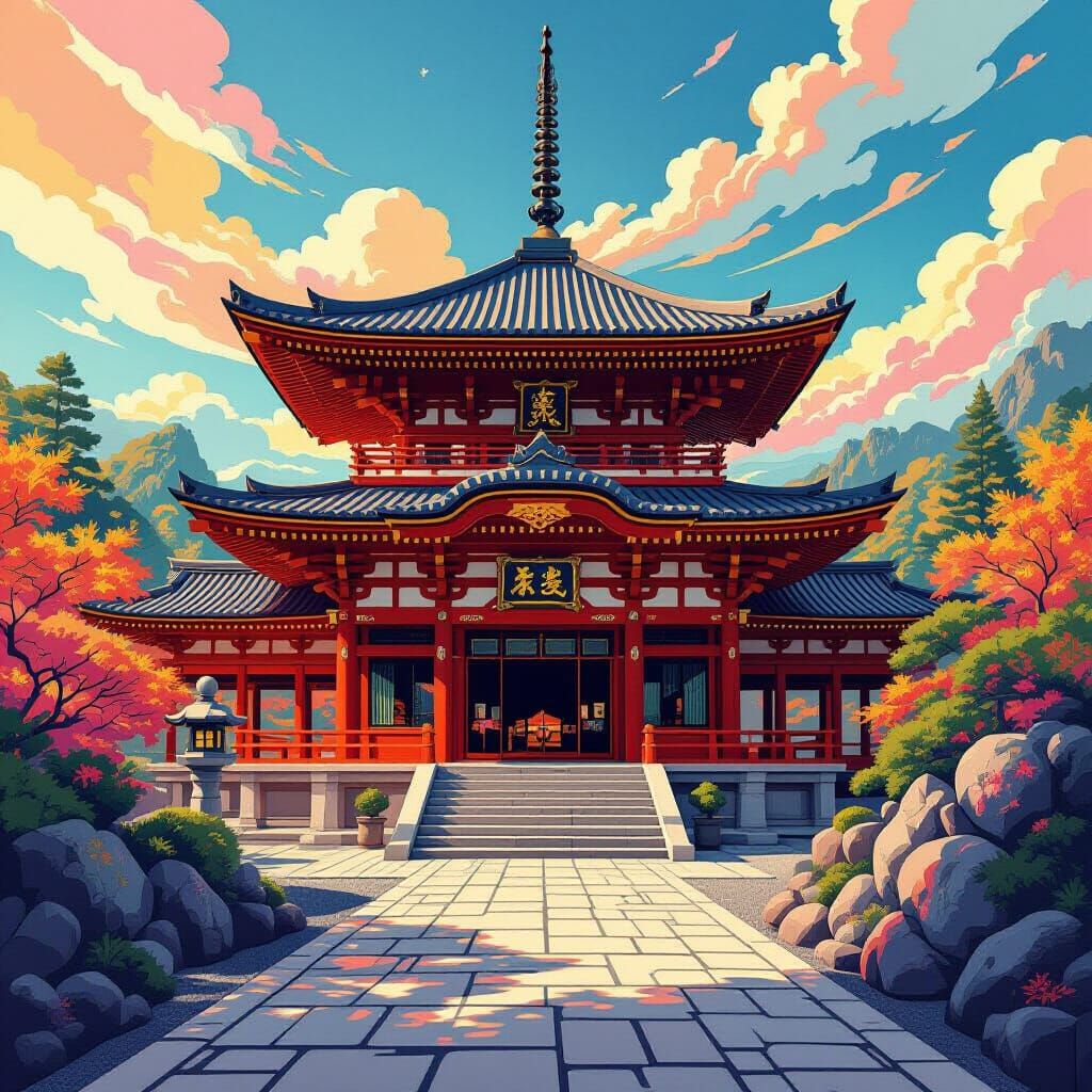 Abstract Japanese Temple in Dreamlike, Cubist Style