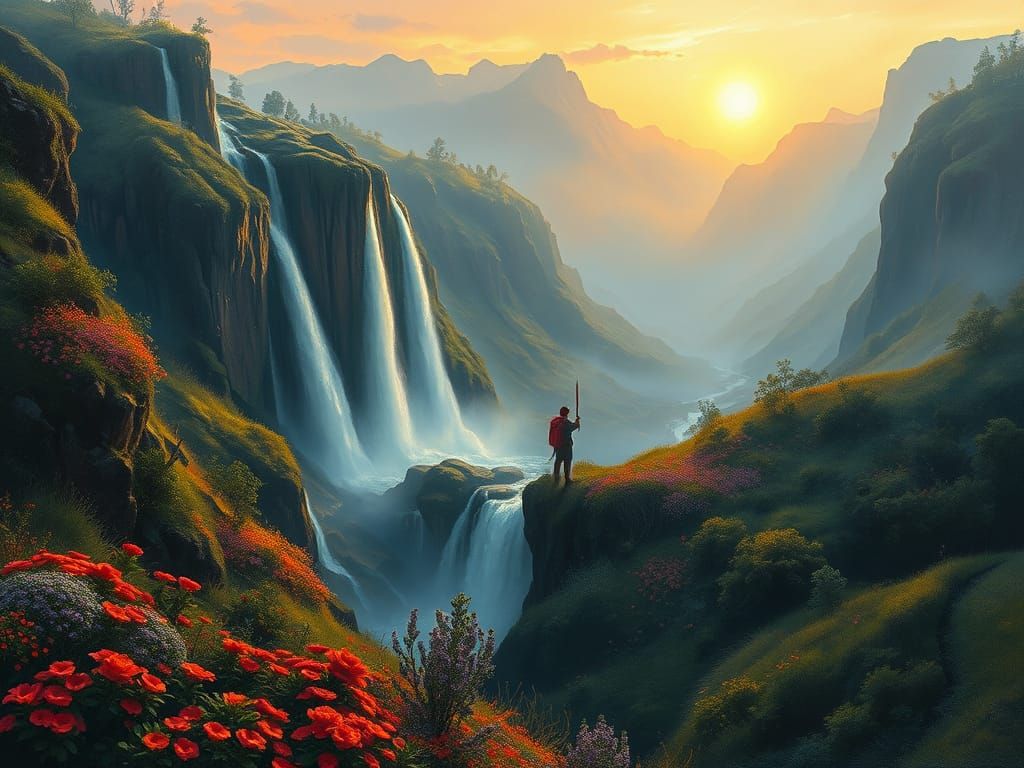 Surreal Valley Blooms with Waterfalls in Golden Light