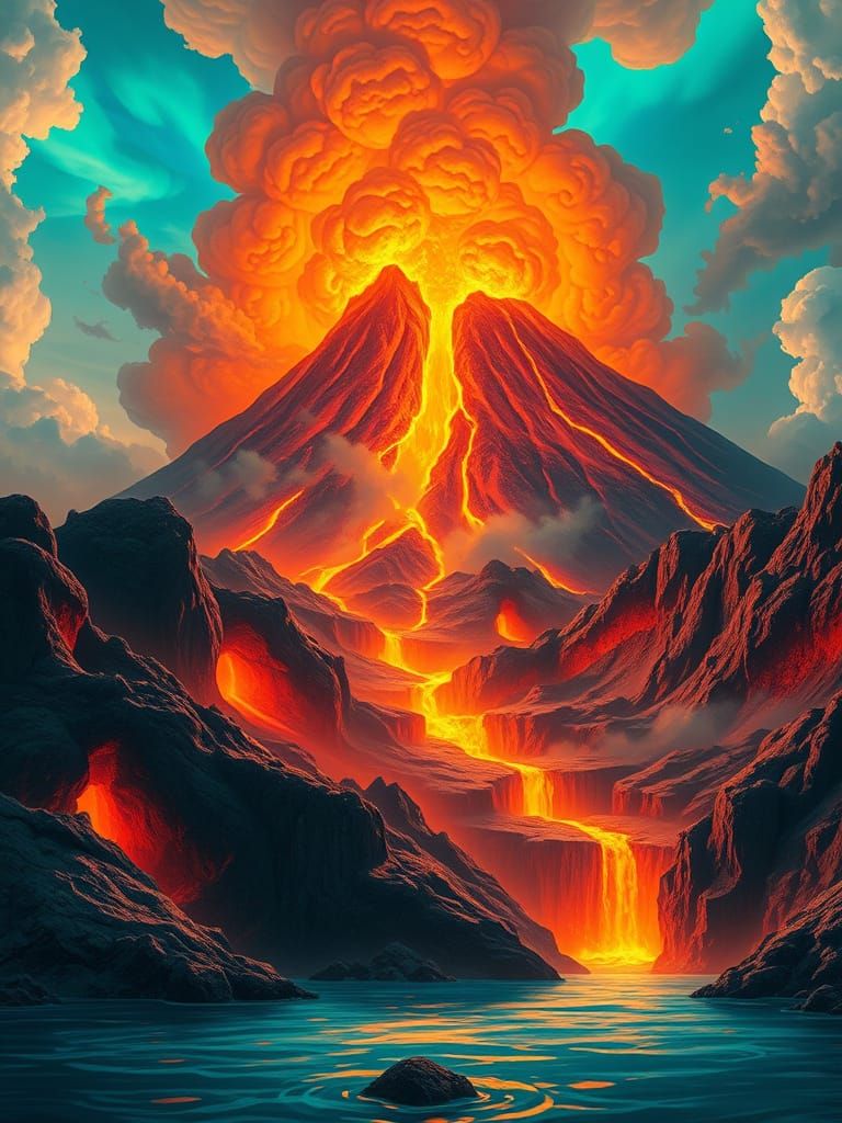 Majestic Volcano in Vibrant, Fantastical Realm