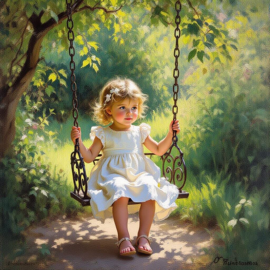 Golden Child in Impressionist Garden Scene