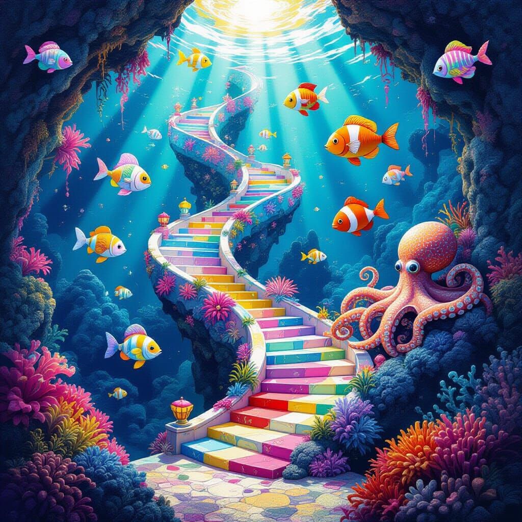 Escher-esque Candyland Stairs Descend into Luminous Ocean De...