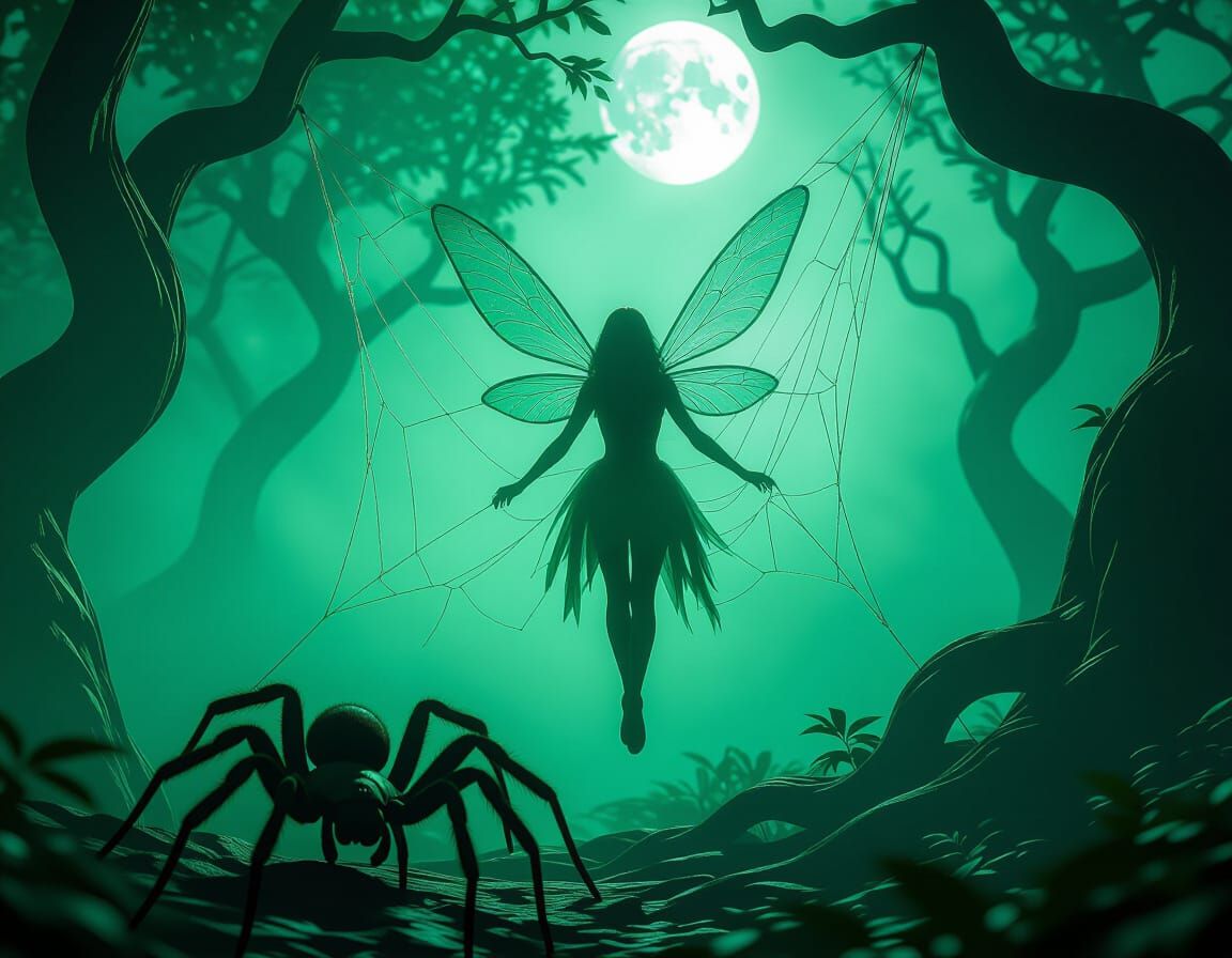 Fairy in Spiderweb, Moonlit Forest, Dark Academia Style