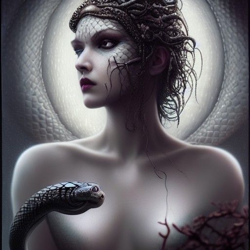 Goddess of Poison with Black Snake in Iridescent Rain