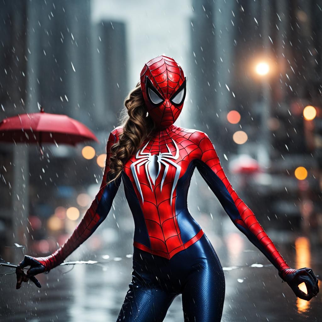 Female Superhero in Catsuit in Rainy Cityscape