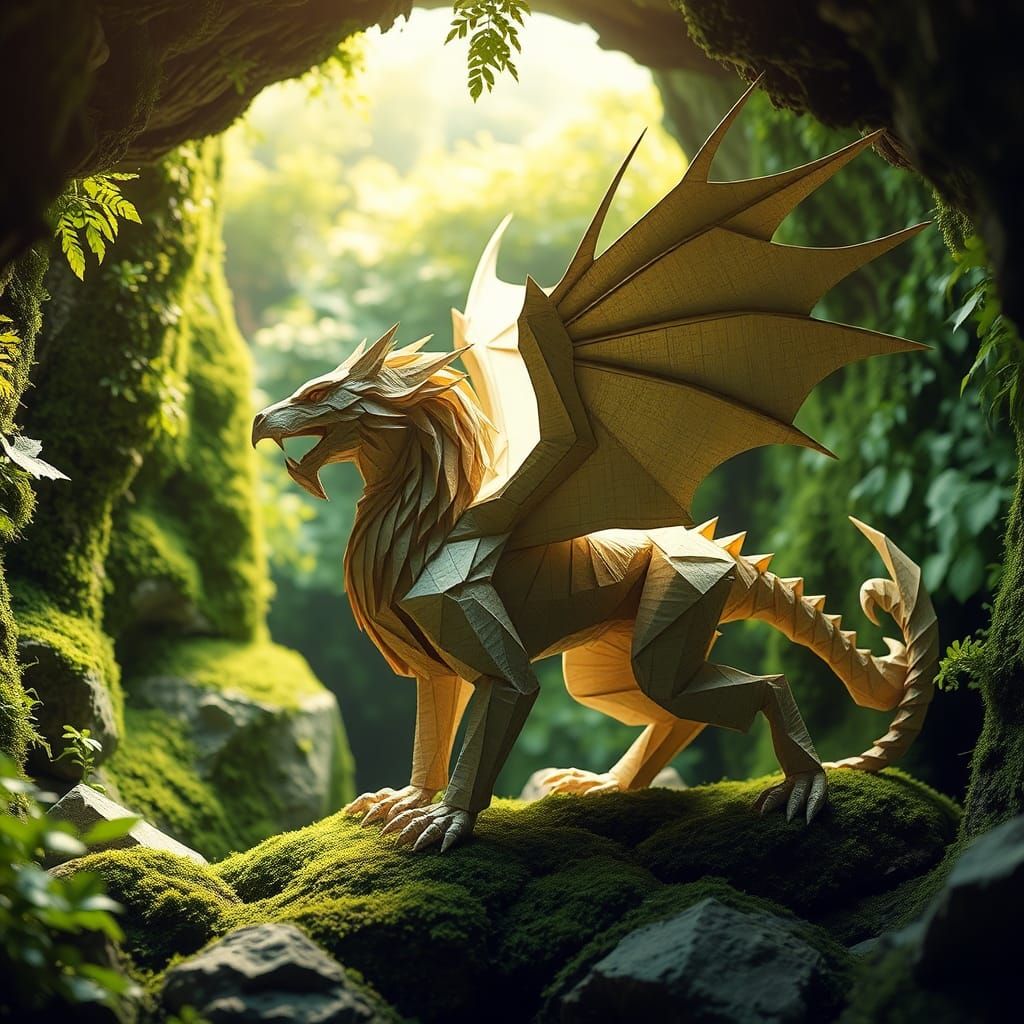 Origami Manticore in Grotto: Dreamy Papercraft Art