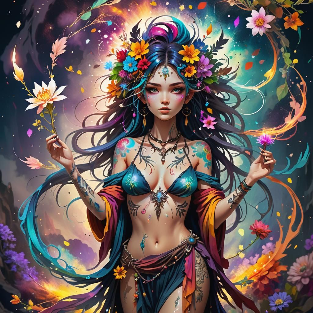 Ethereal Anime Woman Casting Colorful Spell