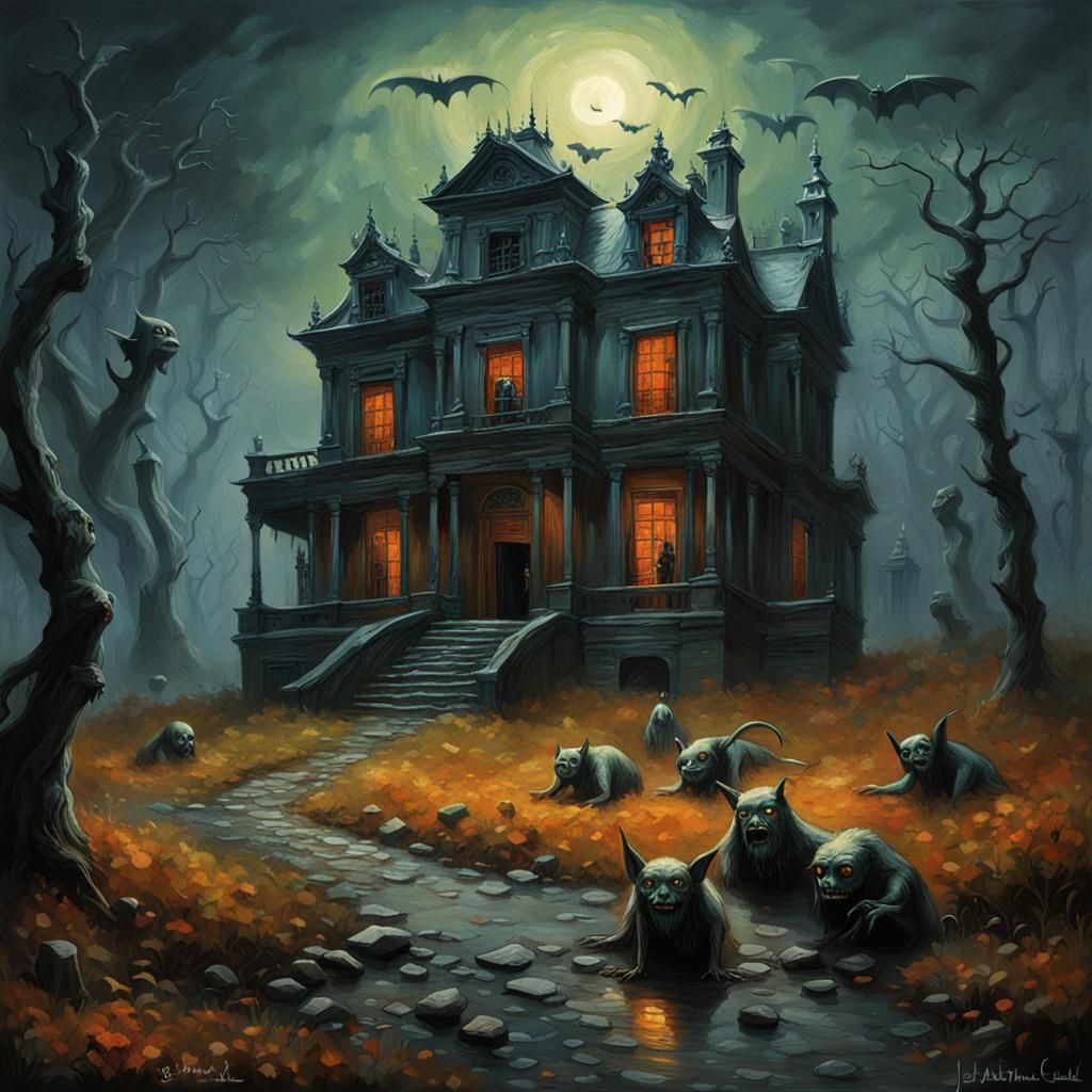Eerie Haunted Mansion with Ghouls in Noir Landscape
