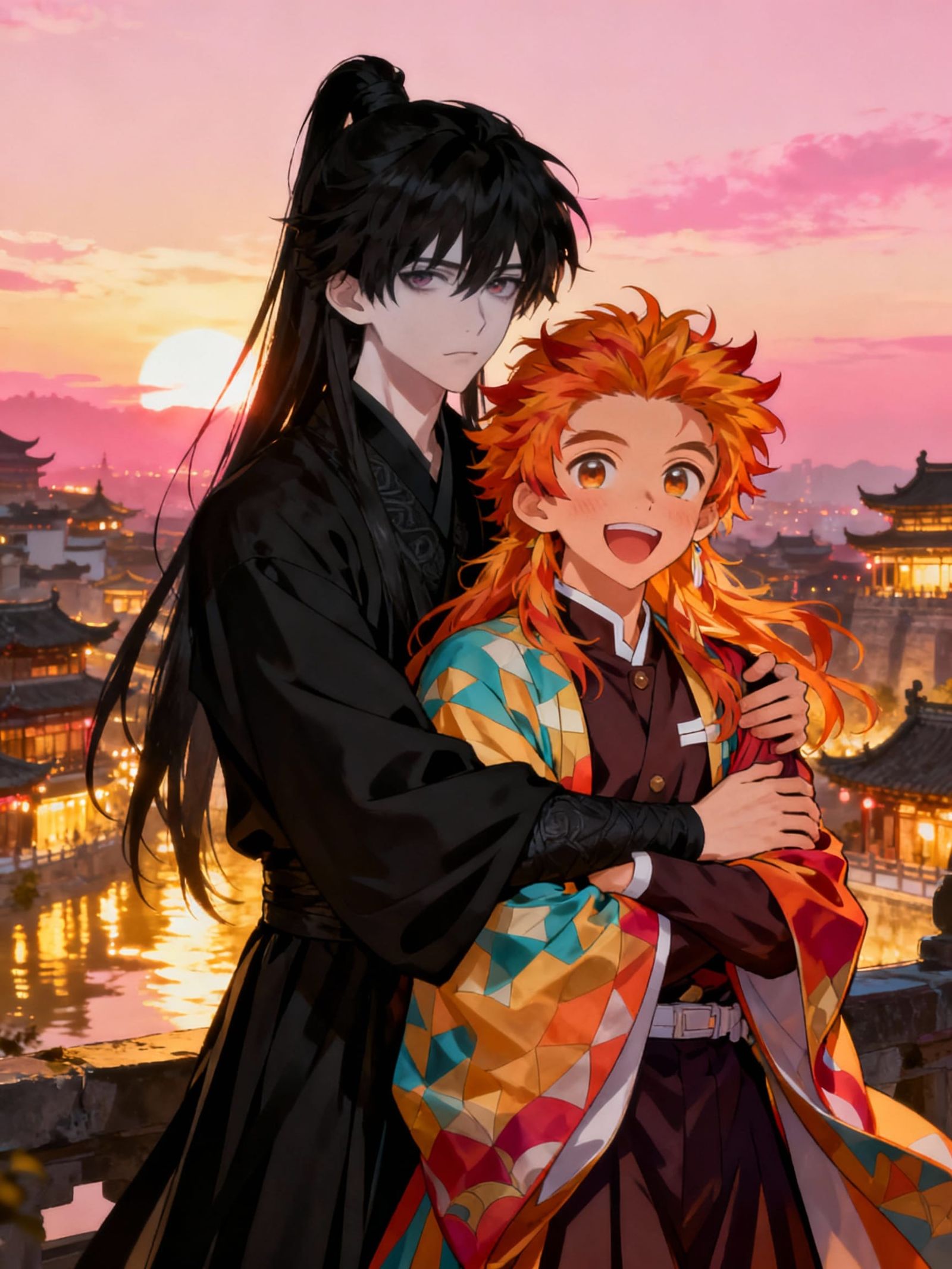Wholesome Couple in Ancient Chinese Town at Sunset