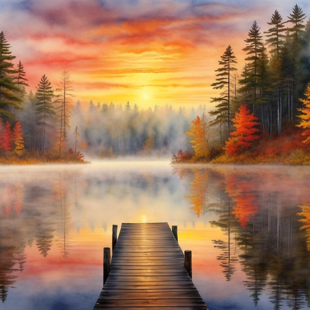 Misty Sunrise Over Autumn Lake: Watercolor Painting