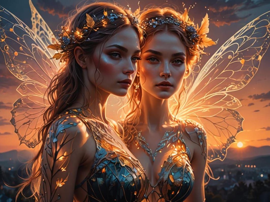 Ethereal Sunset Fairy Double Exposure Painting