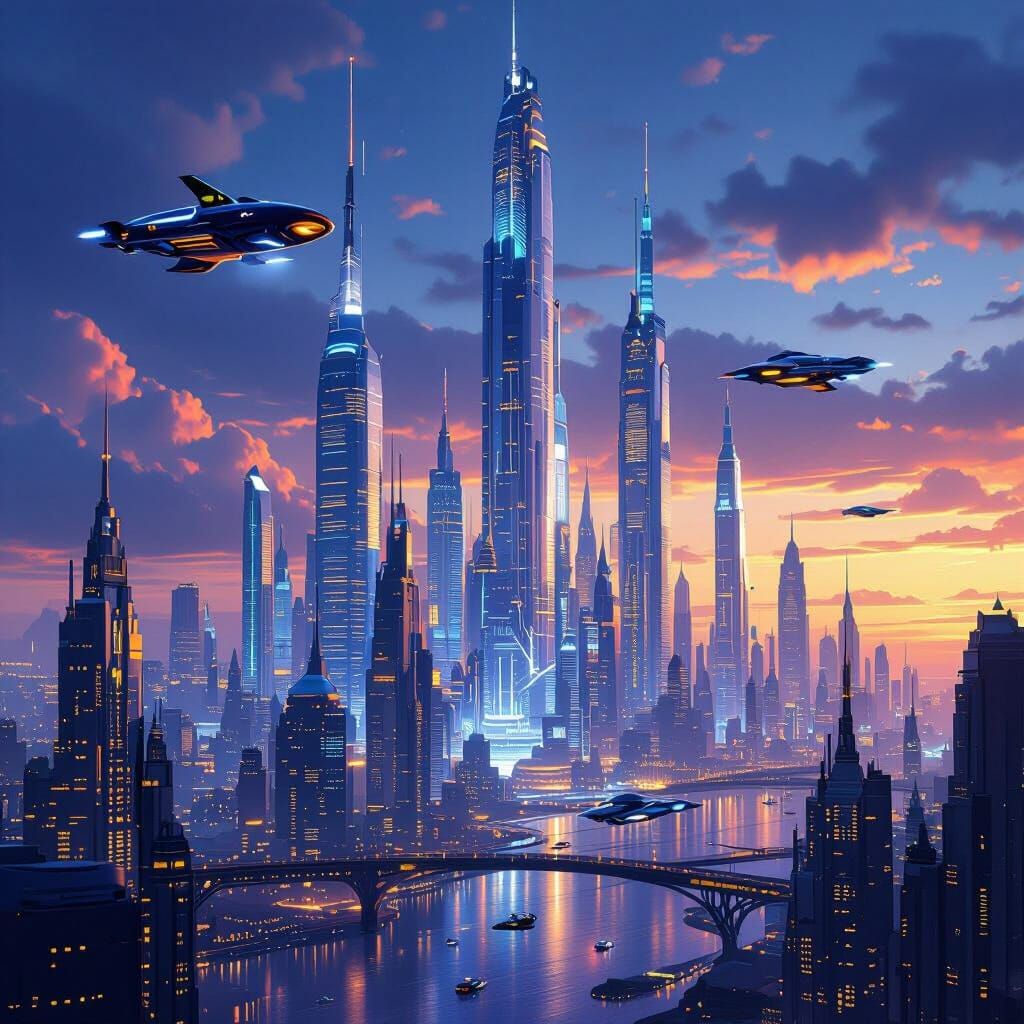 Futuristic Cityscape at Dawn in Hyperrealistic Style