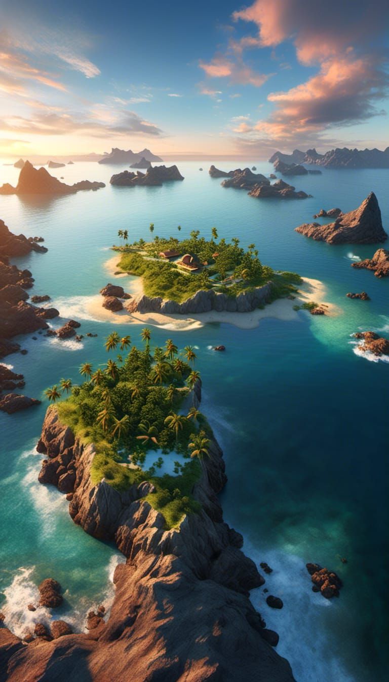 Floating Paradise Island at Sunset, Detailed Matte Painting