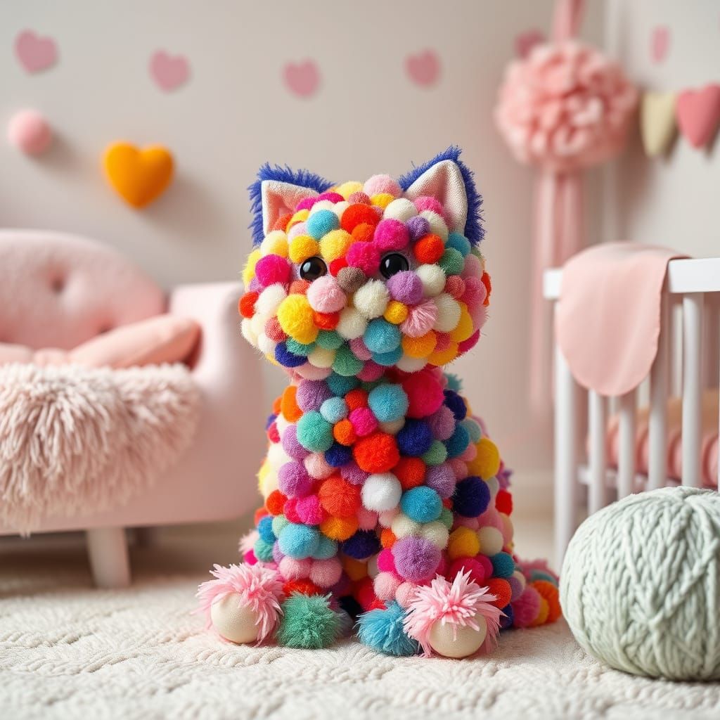 Pom-Pom Cat in Pastel Nursery, Whimsical Art