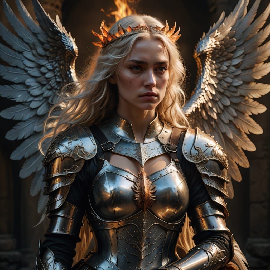 Majestic Angel Descends in Renaissance Armor with Iridescent...
