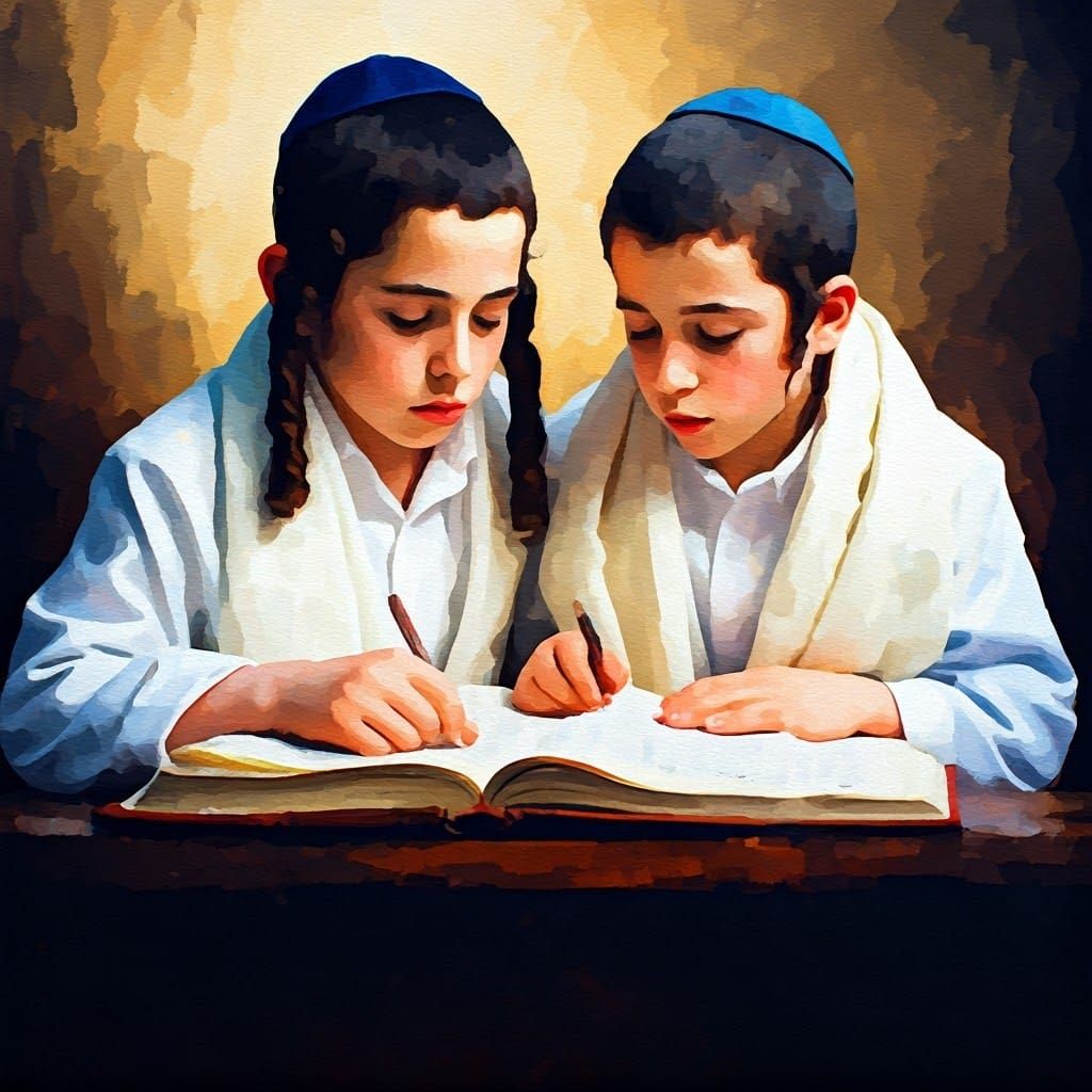 Ultra-Orthodox Children Study Talmud in Vibrant Gouache Mast...