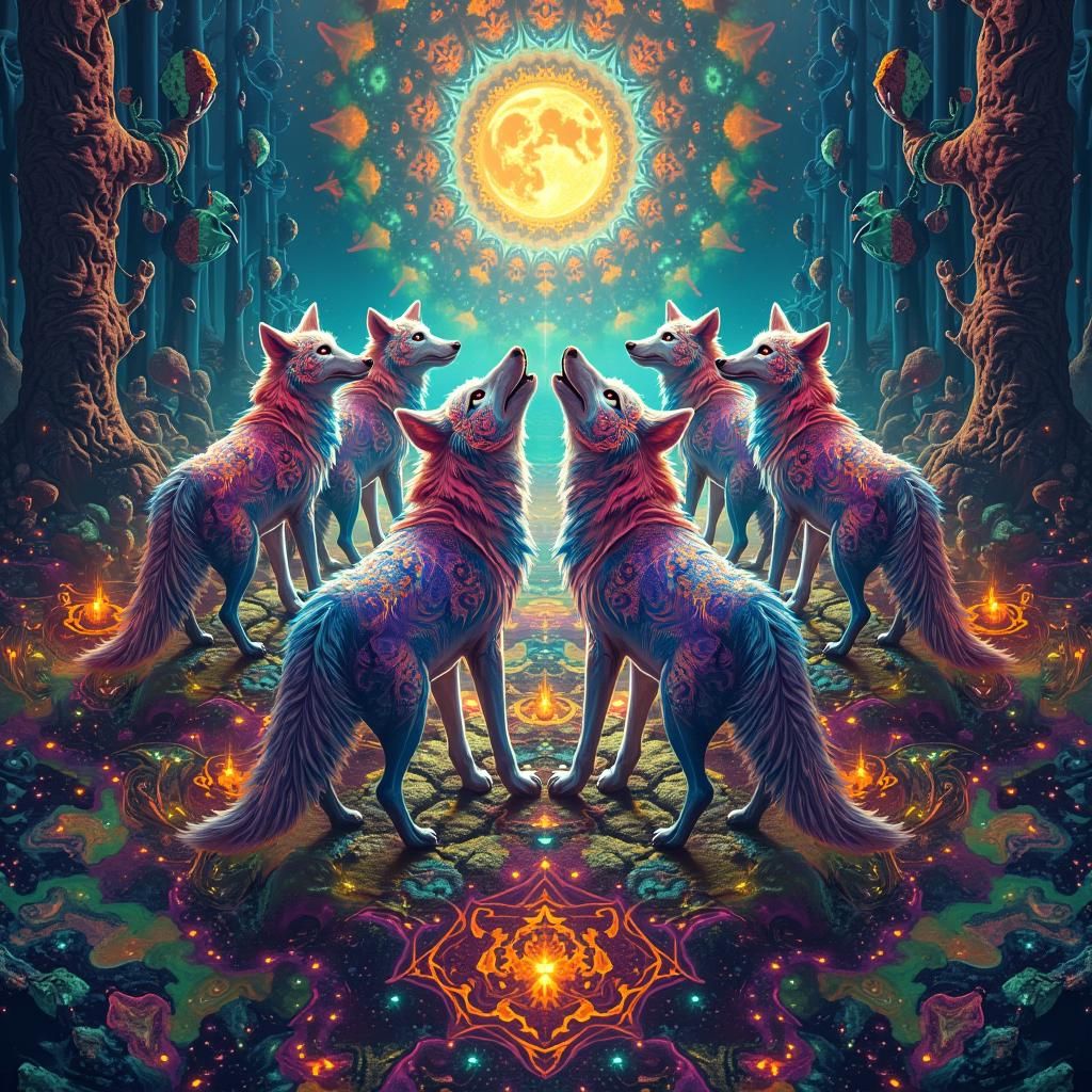 Psychedelic Wolves Kaleidoscope in Fantasy Realm