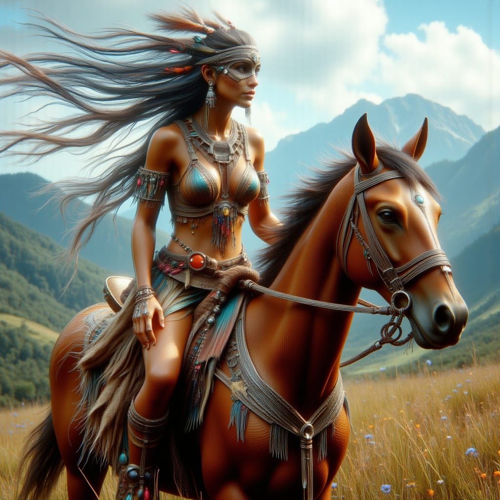 Native American Warrior Princess Riding Horse Up Mountain