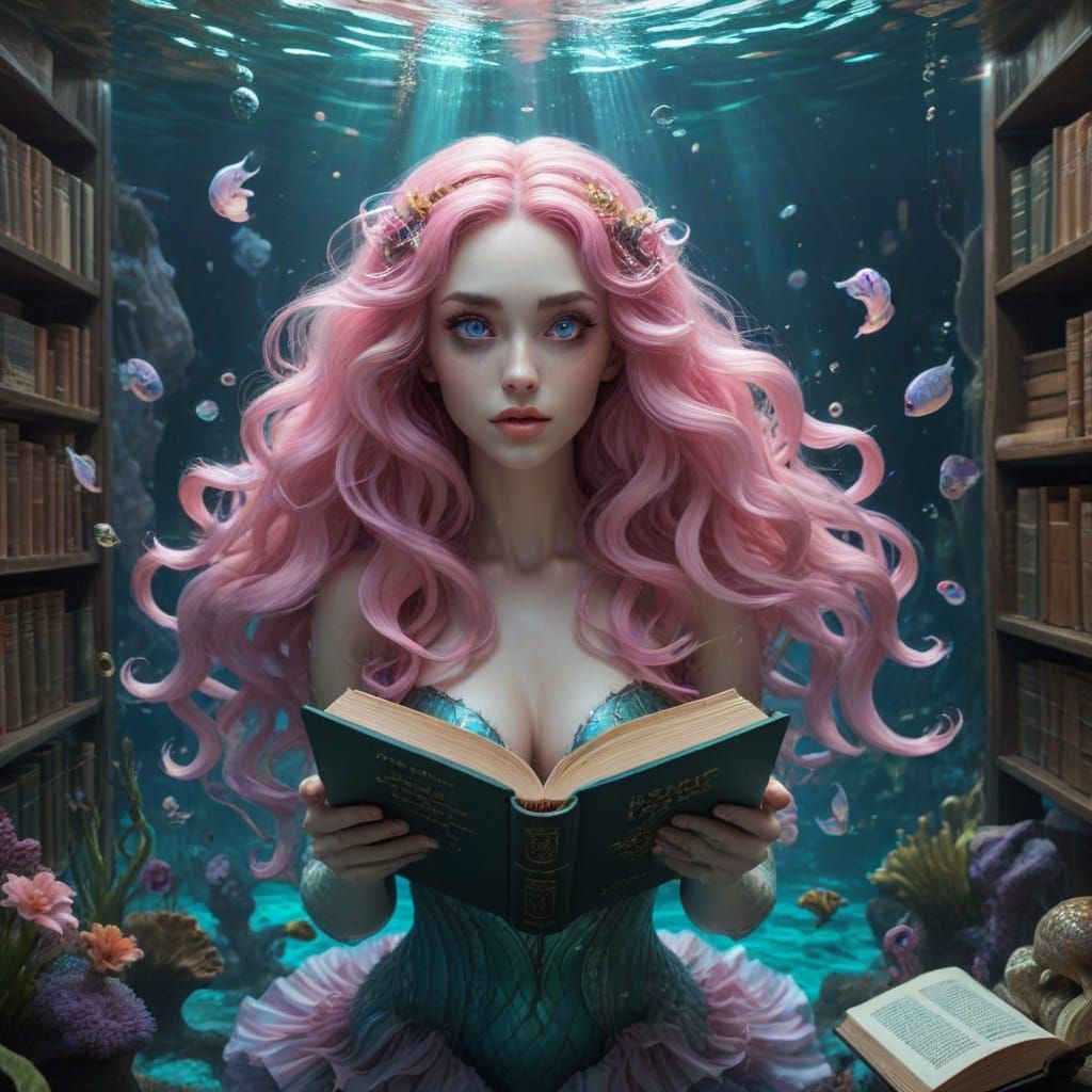 Mermaid in Underwater Library Reading to You