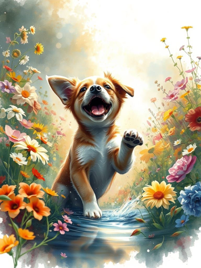 Vibrant Garden Puppy in Whimsical Watercolor Style