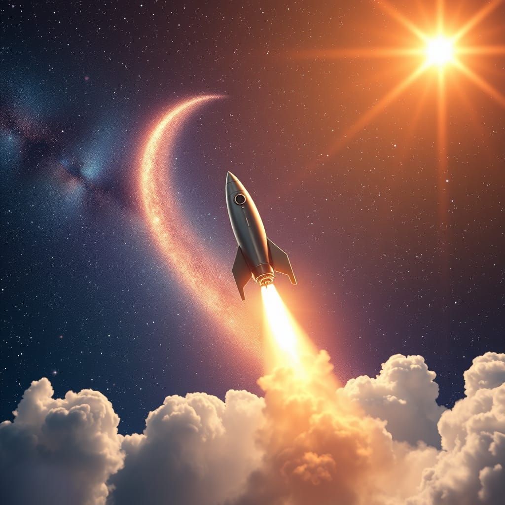 Rocket Launching Through Starry Sky in Hyperrealism