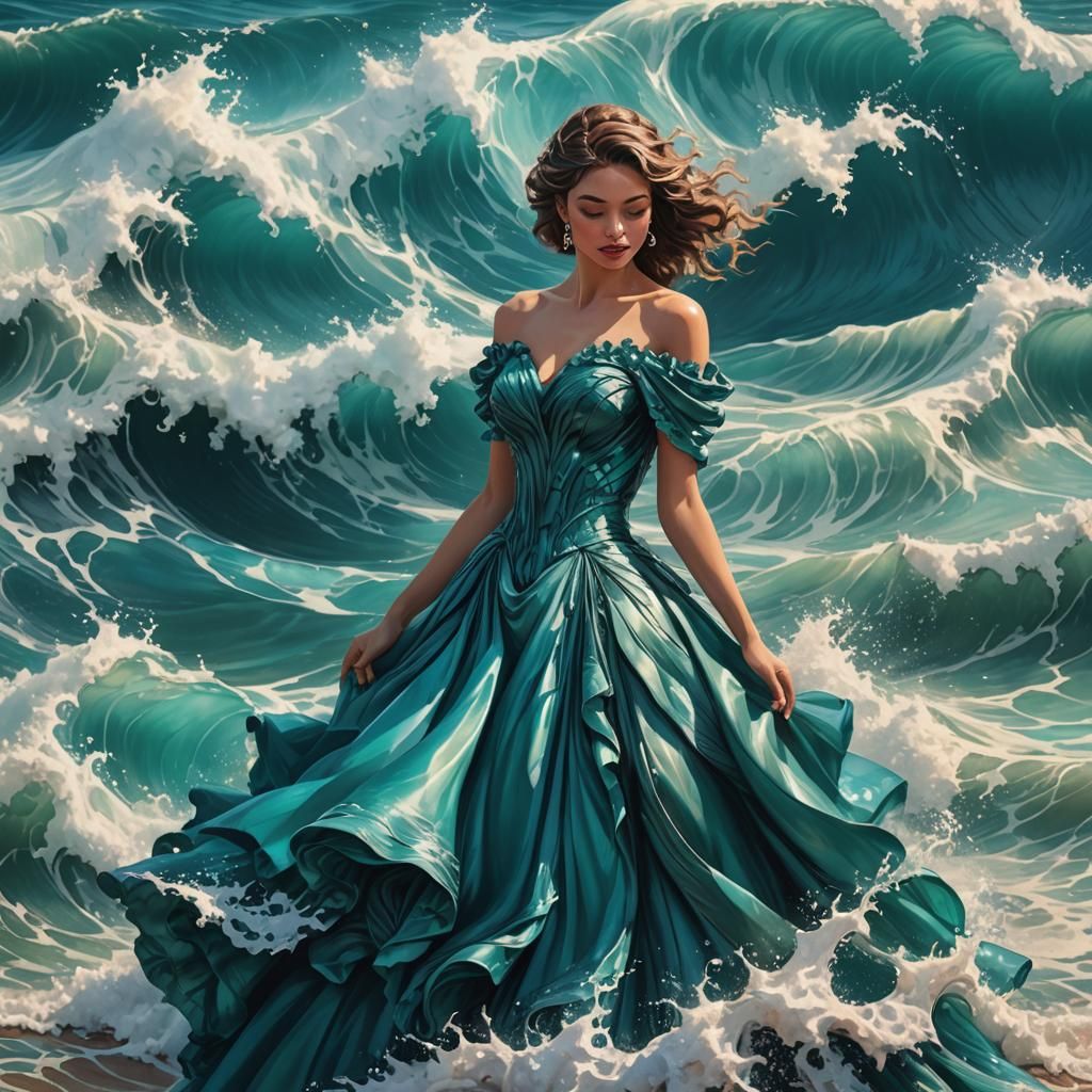 Teal Ocean Wave Ballgown: Hyperrealistic Splash Art