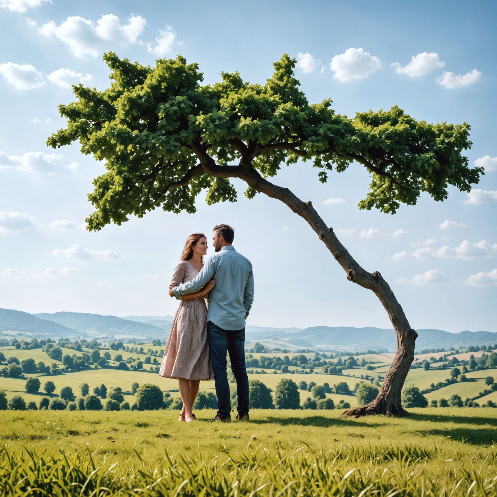 Couple Under Tree in Countryside Landscape