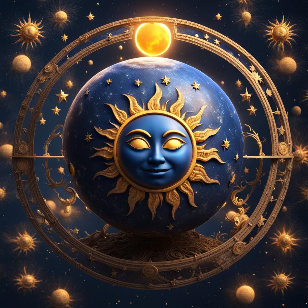 Smiling Sun and Moon in Mystical Sphere