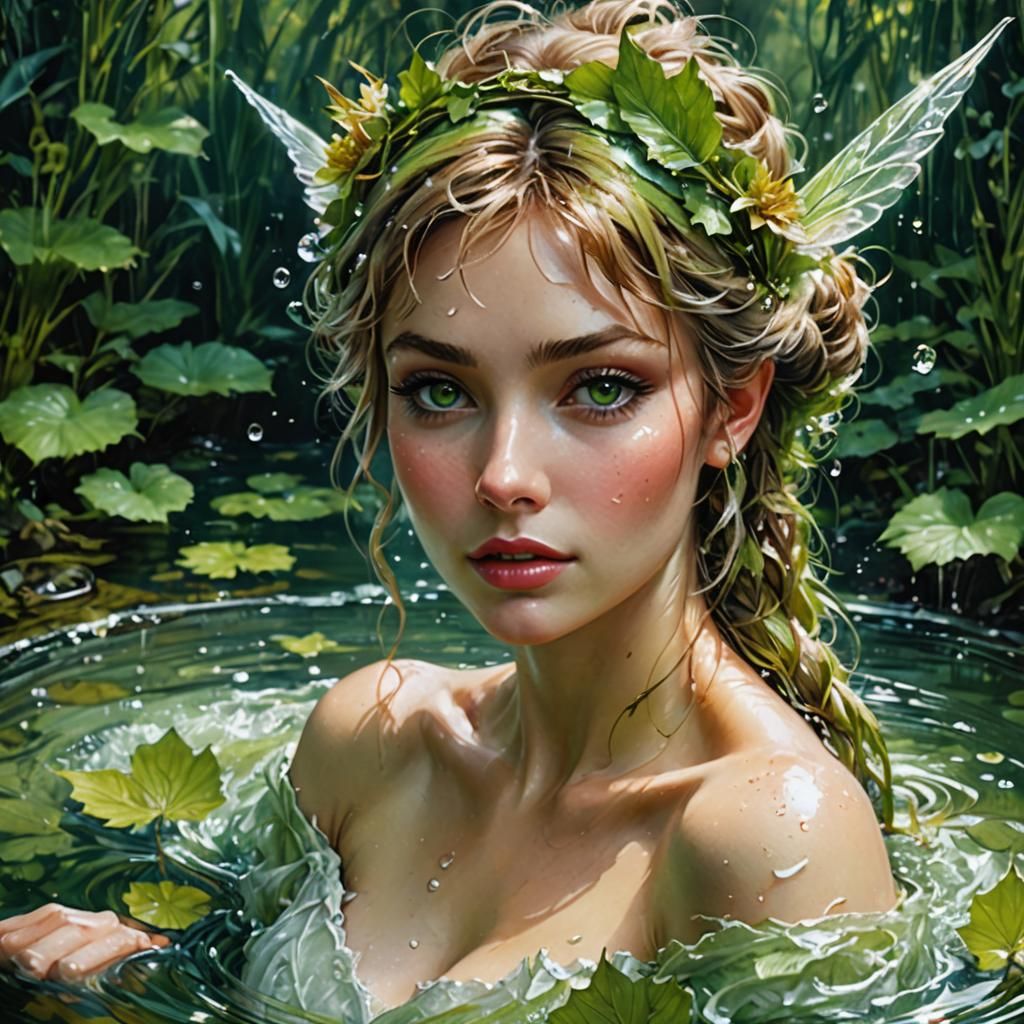 Tinkerbell Bathing in a Stream: Digital Oil Painting