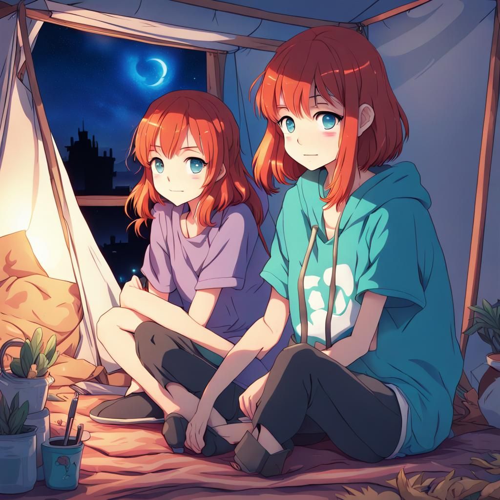 Anime Style: Girls Secretly Watching TV at Night