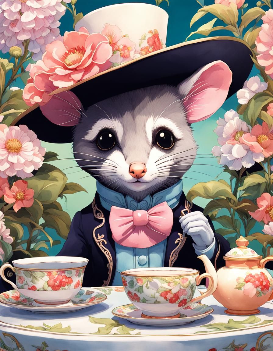 Possum's Tea Party in Lush Garden, Vibrant Anime Art