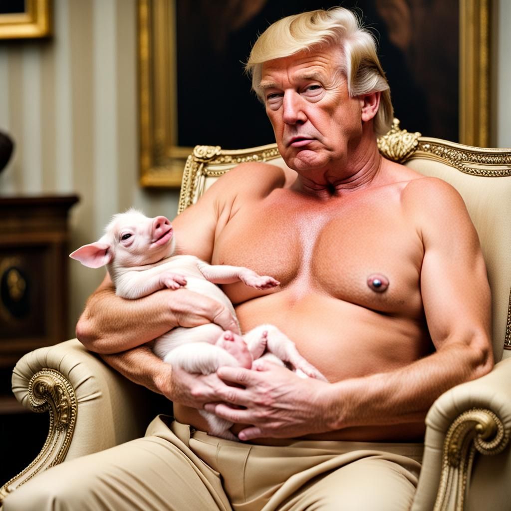 Surreal Image: Shirtless Man Breastfeeding Piglet