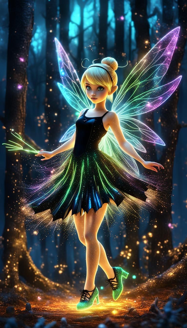 3D 16k HD rendered digital image of a Gothic Tinkerbell with glitter black dress and matching glitter shoes flying in th...