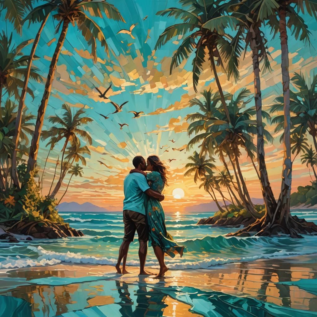 Romantic Beach Sunset with Birds and Trees