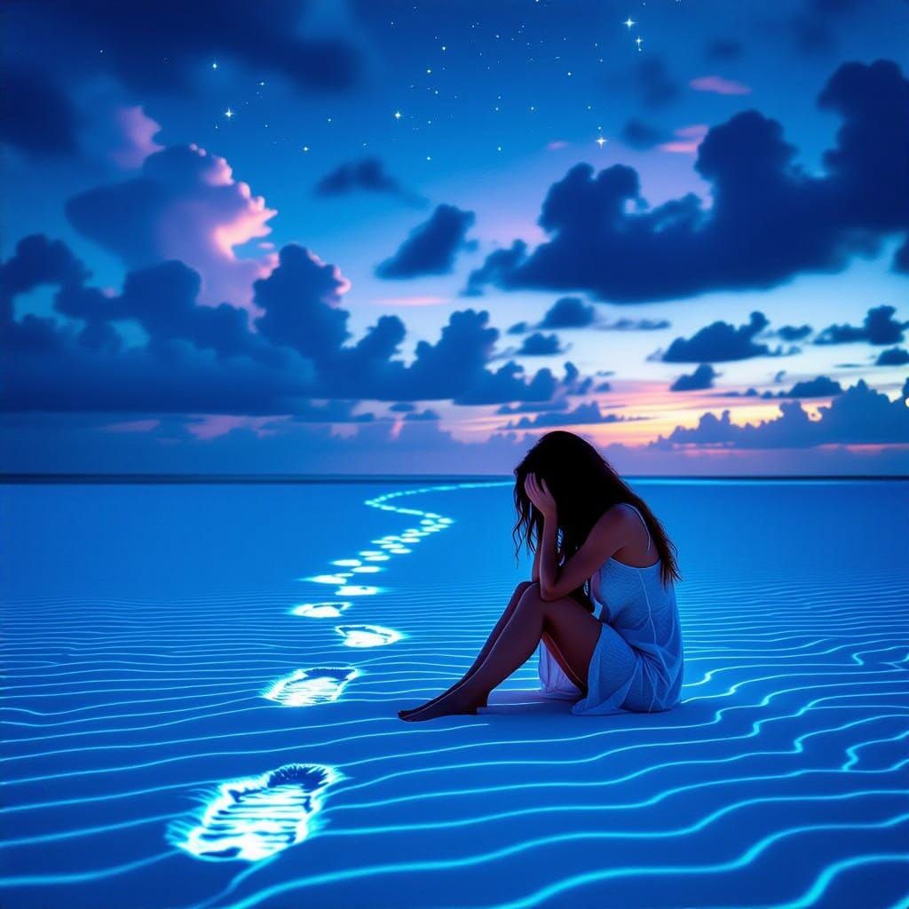 Glowing Blue Sand Beach with Shadowed Figure
