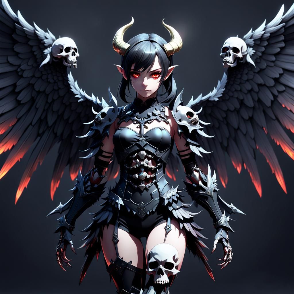 She-Devil Goddess with Skull Wings in Anime Style