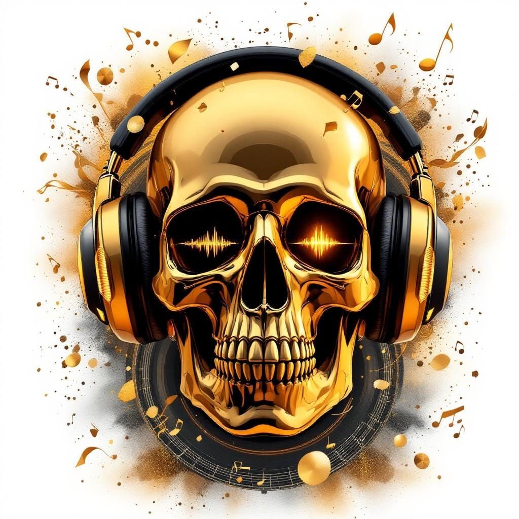 Gold and Black Skull with Headphones T-Shirt Design