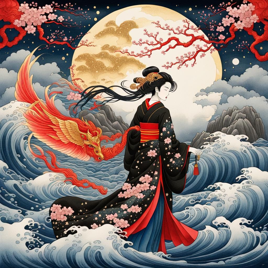 Art Nouveau Night Rides a Kirin in the Sky