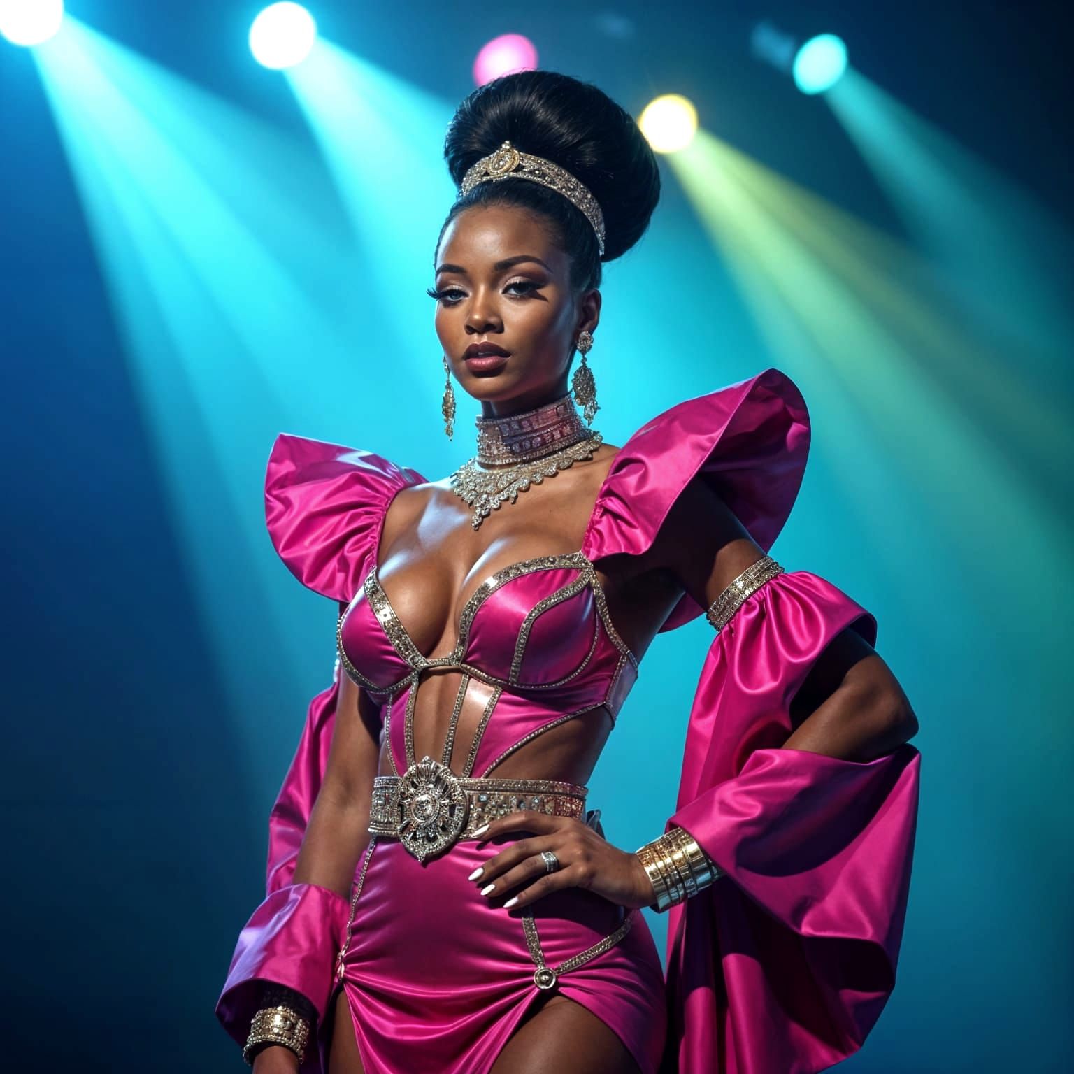 Futuristic Ugandan Showgirl Under Stage Lights