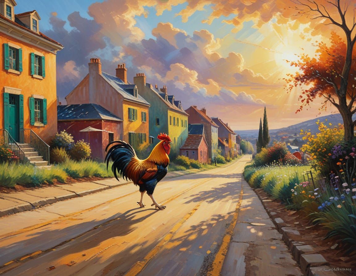 Rooster Walks a Colorful Road: Impressionistic Painting