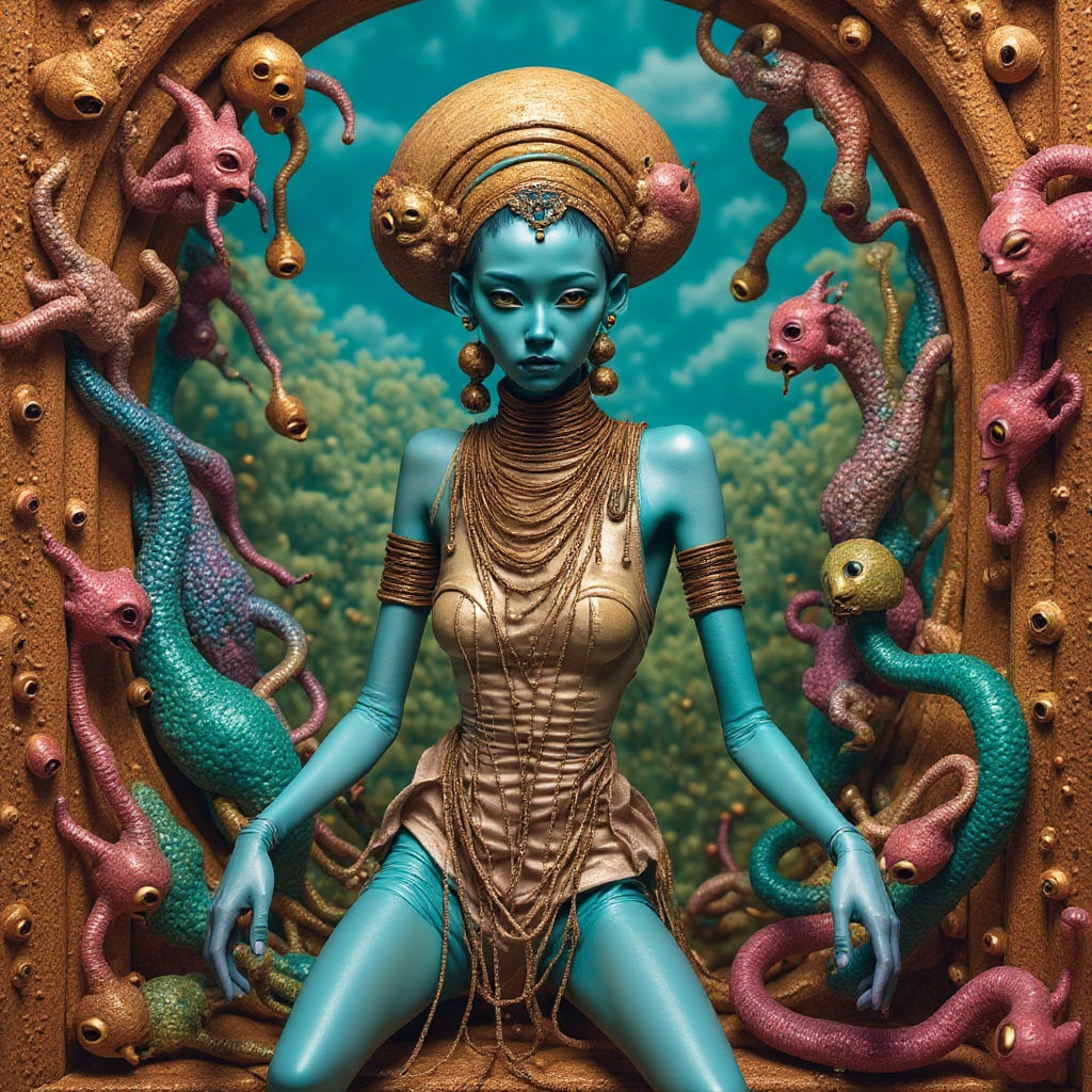 Alien Woman Dancing in Escher-Inspired Landscape