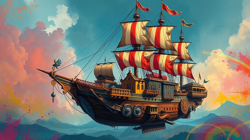 Magical Airship with Town, Hyperrealistic Concept Art