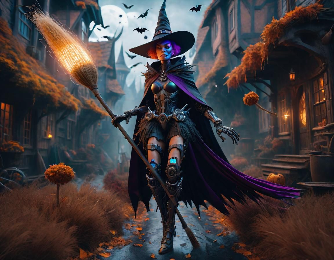 Cyborg Witch Flying on Broomstick, Detailed Digital Art
