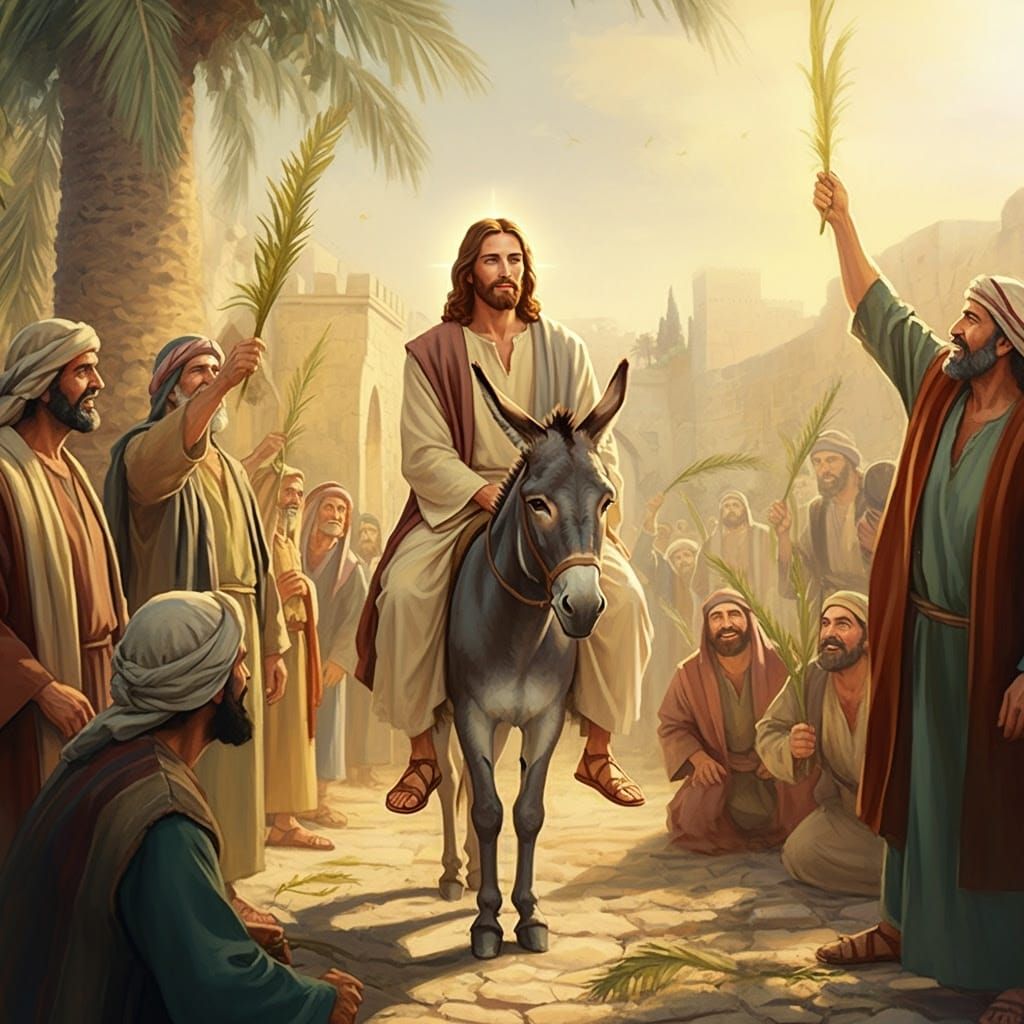 Jesus Riding a Grey Donkey in a Serene Oil Painting