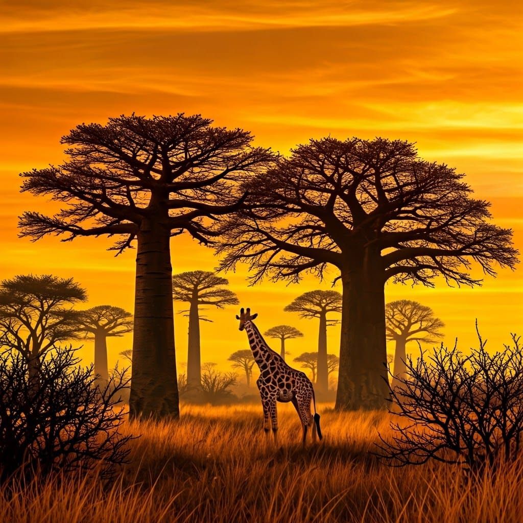African Savannah Sunset with Giraffe