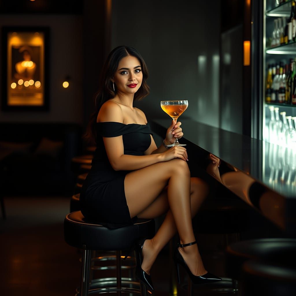 Woman at Bar with Cocktail, Photorealistic Cinematic Style