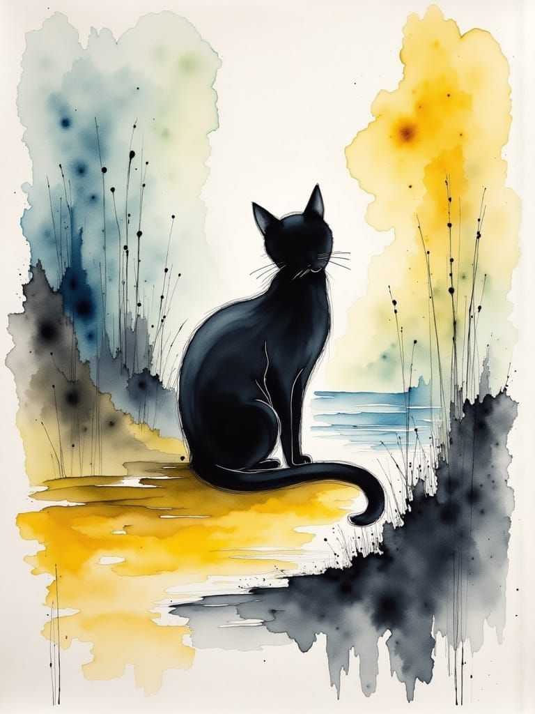Elegant Black Cat on Beach in Watercolor Style