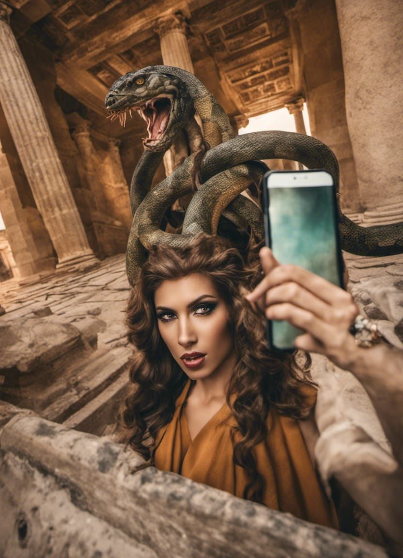 Gorgon Medusa taking a selfie with a smart phone, hair of venomous snakes looking into the camera, set in an ancient Gre...