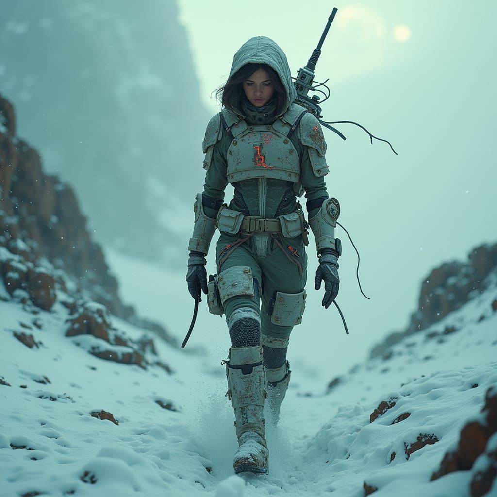 Battle-Scarred Cyberpunk Warrior Trudges Through Frozen Wast...