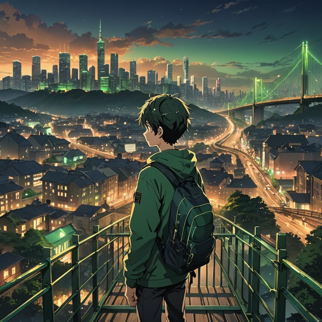 Anime Key Visual: Boy on Bridge at Night